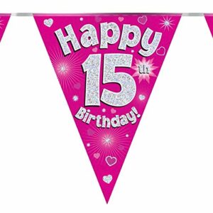 party bunting happy 15th birthday pink holographic 11 flags 3.9m