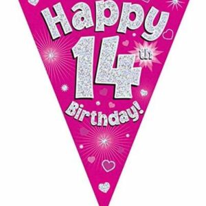 party bunting happy 14th birthday pink holographic 11 flags 3.9m