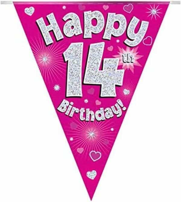 party bunting happy 14th birthday pink holographic 11 flags 3.9m