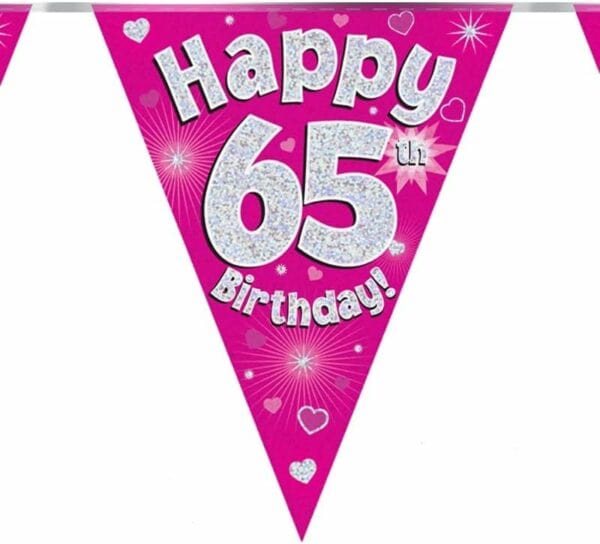 party bunting happy 65th birthday pink holographic 11 flags 3.9m