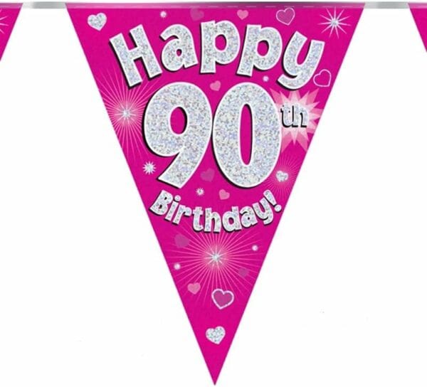 party bunting happy 90th birthday pink holographic 11 flags 3.9m