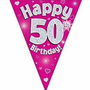 party bunting happy 50th birthday pink holographic 11 flags 3.9m