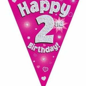 party bunting happy 2nd birthday pink holographic 11 flags 3.9m