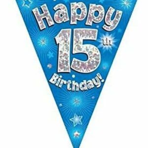 party bunting happy 15th birthday blue holographic 11 flags 3.9m