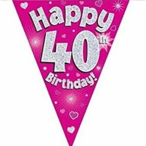 party bunting happy 40th birthday pink holographic 11 flags 3.9m