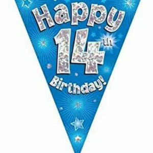 party bunting happy 14th birthday blue holographic 11 flags 3.9m