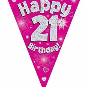 party bunting happy 21th birthday pink holographic 11 flags 3.9m