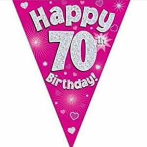 party bunting happy 70th birthday pink holographic 11 flags 3.9m