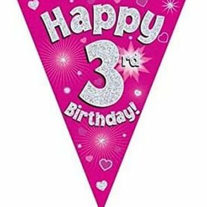 party bunting happy 3rd birthday pink holographic 11 flags 3.9m