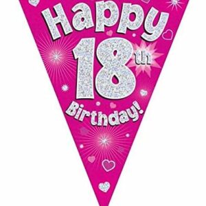 party bunting happy 18th birthday pink holographic 11 flags 3.9m