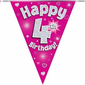 party bunting happy 4th birthday pink holographic 11 flags 3.9m