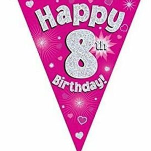 party bunting happy 8th birthday pink holographic 11 flags 3.9m