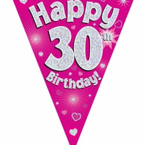 party bunting happy 30th birthday pink holographic 11 flags 3.9m