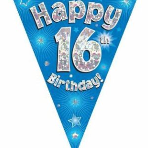 party bunting happy 16th birthday blue holographic 11 flags 3.9m