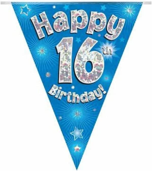 party bunting happy 16th birthday blue holographic 11 flags 3.9m