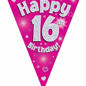 party bunting happy 16th birthday pink holographic 11 flags 3.9m