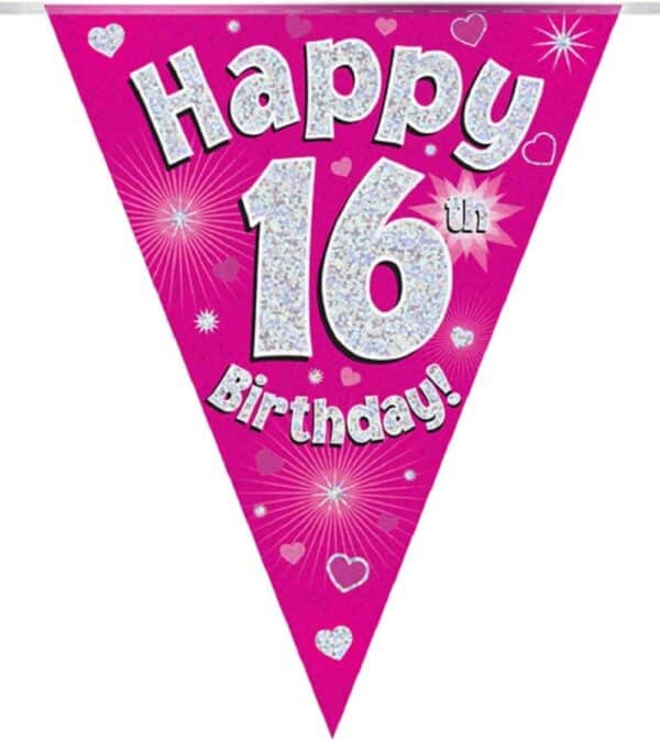 party bunting happy 16th birthday pink holographic 11 flags 3.9m