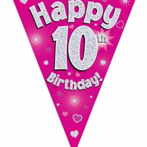 party bunting happy 10th birthday pink holographic 11 flags 3.9m