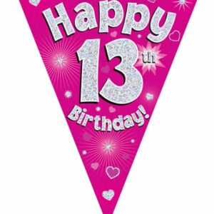 party bunting happy 13th birthday pink holographic 11 flags 3.9m