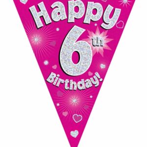 party bunting happy 6th birthday pink holographic 11 flags 3.9m