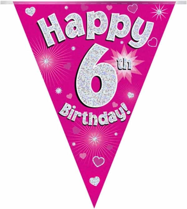 party bunting happy 6th birthday pink holographic 11 flags 3.9m