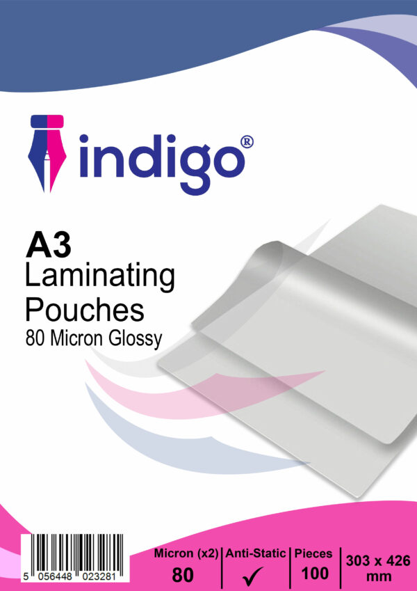 indigo a3 laminating pouches, 80 micron, glossy pack of 100