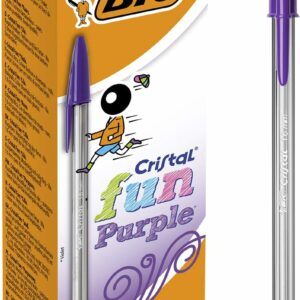 bic cristal fun, ballpoint pens, smudge proof writing pens and wide point (1.6 mm), ideal for school, purple ink, pack of 20