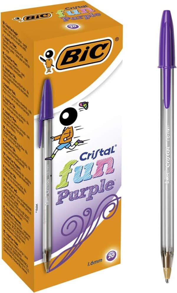 bic cristal fun, ballpoint pens, smudge proof writing pens and wide point (1.6 mm), ideal for school, purple ink, pack of 20