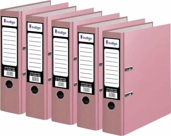 indigo® premium a4 office lever arch file durable, organized file storage (fsc certified, pastel pink, 70mm spine pack of 5)