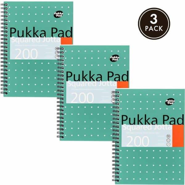 pukka pad, a5 squared jotta book 3 pack – 21 x 14.9cm wirebound notebook with 5mm squares on 80gsm white paper with perforated edges for easy removal 200 pages