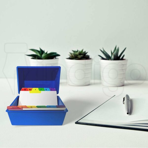 indigo® office index record card box filing box with coloured guide record cards blue (5" x 3")