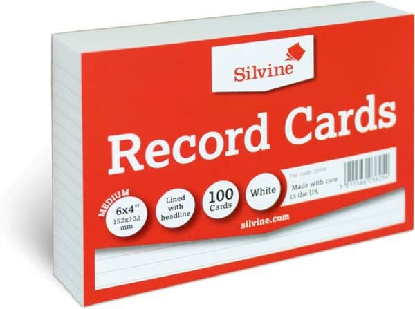 silvine a6 white record cards lined with headline, 100 cards per pack (size 6x4")