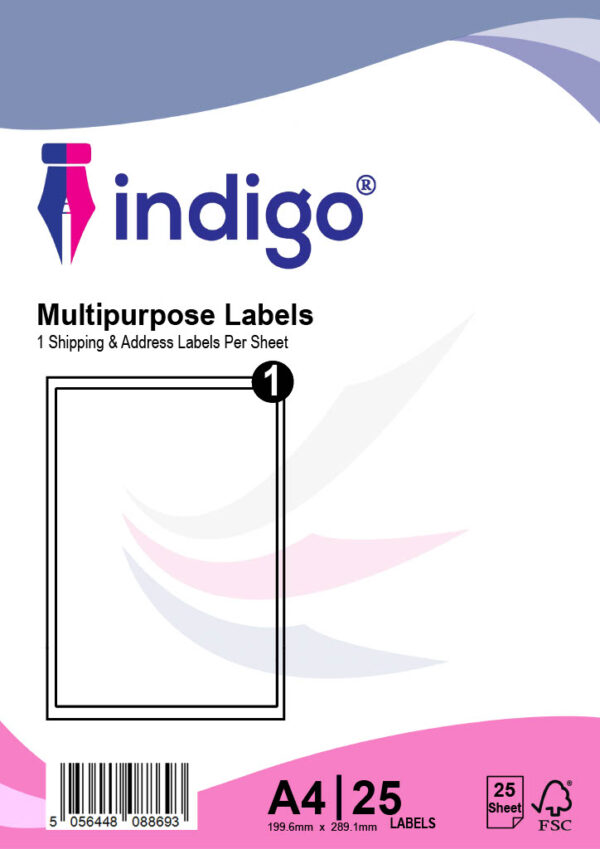 indigo® multipurpose white a4 sticker labels 1 label per sheet(199.6 x 289.1mm)