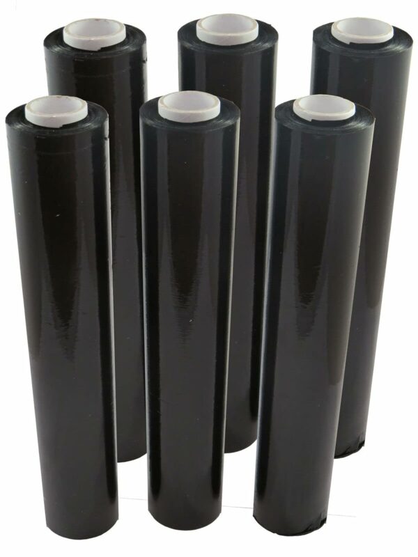6 rolls of 23 micron strong black opaque pallet stretch shrink wrap 500mm x 250mm 23mu flush core