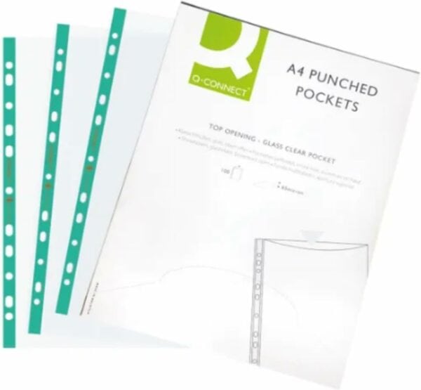 a4 punched pocket top opening green strip clear (pack of 100)