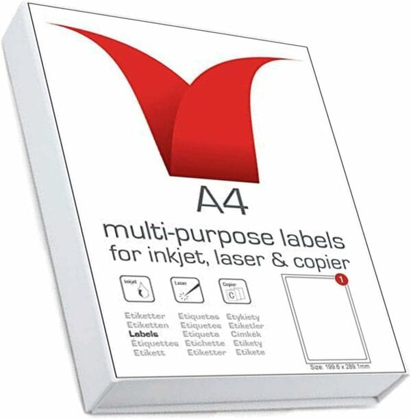 multi purpose a4 white self adhesive labels 199.6 x 289.1mm 1 label per sheet die cut 100 sheets per box/100 labels per pack