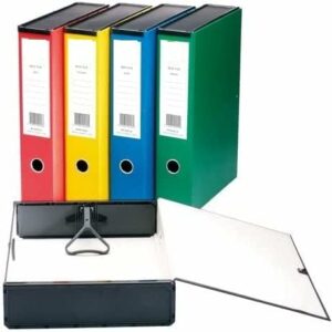 indigo® paperoffice foolscap classic box files with 75mm spine lock paper over board colourful pack (pack 3, assorted)