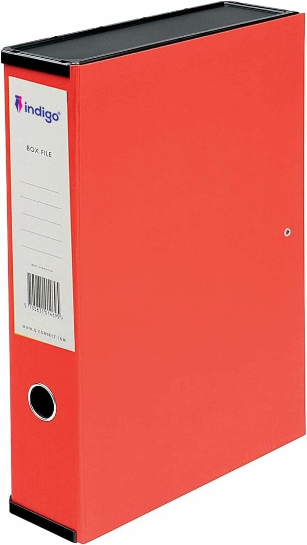 indigo® paperoffice foolscap classic box files with 75mm spine lock paper over board colourful pack (pack 3, assorted)