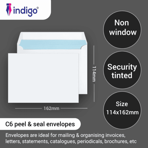 indigo c6 white peel seal envelopes (114 x 162 mm) pack of 100